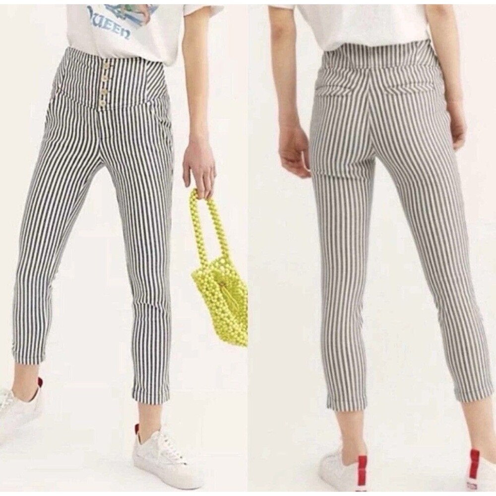 Free People Frankie High Waist Skinny Pants Blue & White Stripes Size 6 Boho